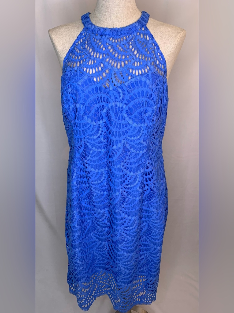 Lilly Pulitzer Kenna Halter Dress 14 Blue Scalloped Lace Sheath Dress RTP $238
